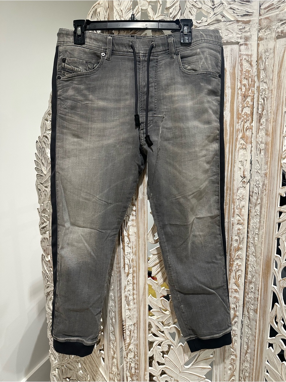 Diesel Gray Jogger Jeans with Black Side Stripe & elastic ankle